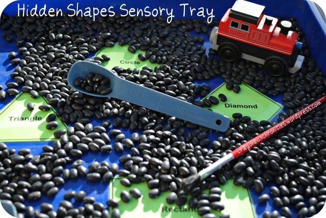 Hidden shapes bean tray for sensory play
