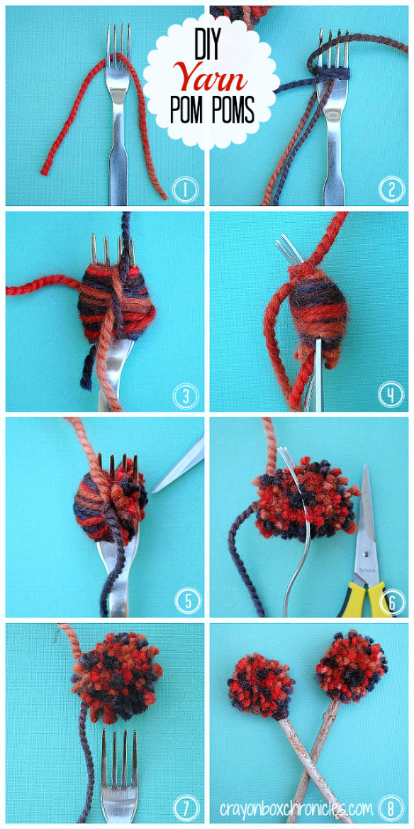 DIY Mini-Yarn Pom Pom Tutorial using a fork by Crayon Box Chronicles