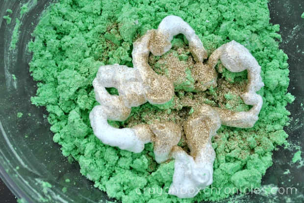 shaving cream on green foam dough