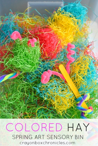 colored hay spring art sensory bin by crayon box chronicles