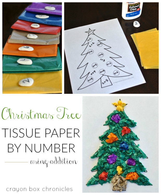 Christmas tree tissue paper by number craft using addition for kids by Crayon Box Chronicles. #Christmas #mathactivity